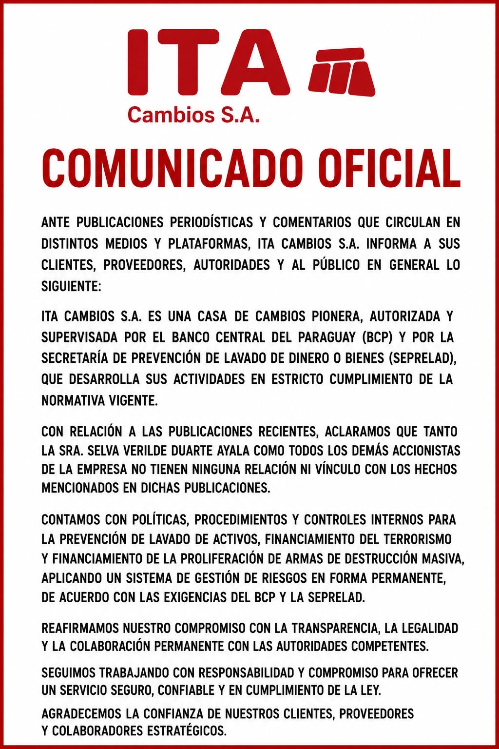 Comunicado Ita Cambios